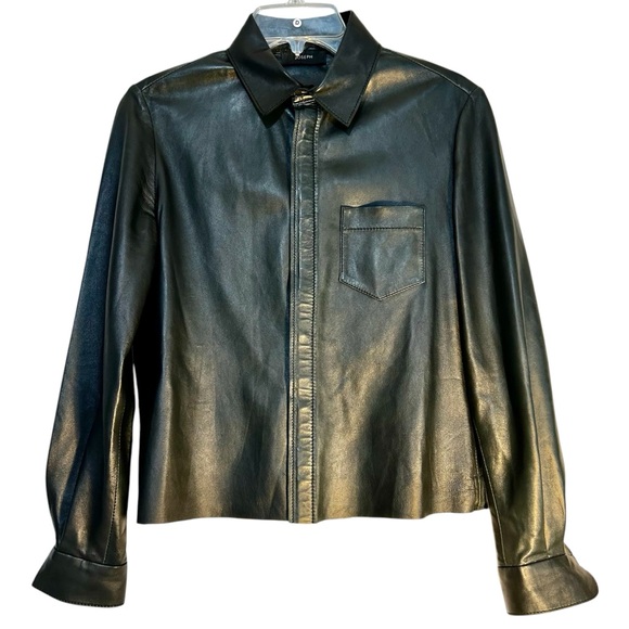 JOSEPH 100% Black Leather Snap Front Unlined Shirt Shacket Sz 38 (US 8) ALTERED - Picture 1 of 12